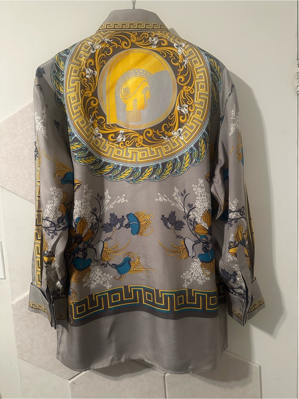 Versace silk Gray and Gold Baroque Print Top